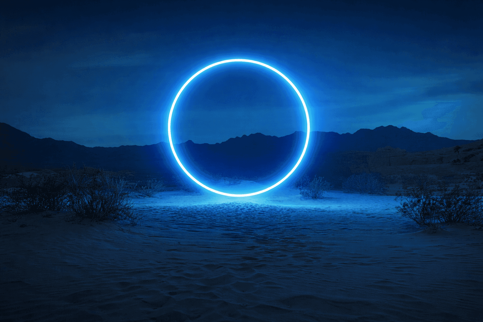 Paisaje futurista con un anillo de luz azul brillante sobre montañas
